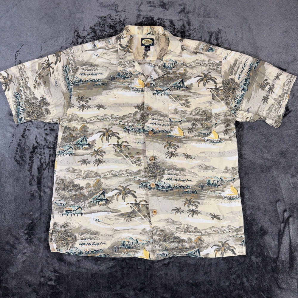 Tommy Bahama Mens‎ Large Tan Tropical Island Scenic Rayon Cotton Aloha Shirt L